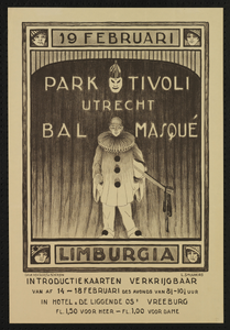 700083 Affiche van de Vereniging Limburgia voor een Bal Masqué in Park Tivoli te Utrecht.19-12-1916-19-12-1916